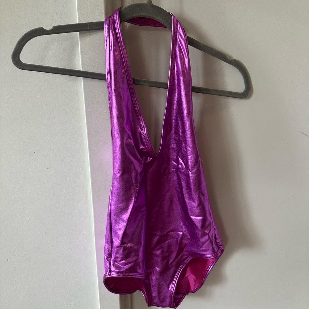 Los Angeles Apparel Lame Halter Bodysuit in Shiny Pink - Size Small